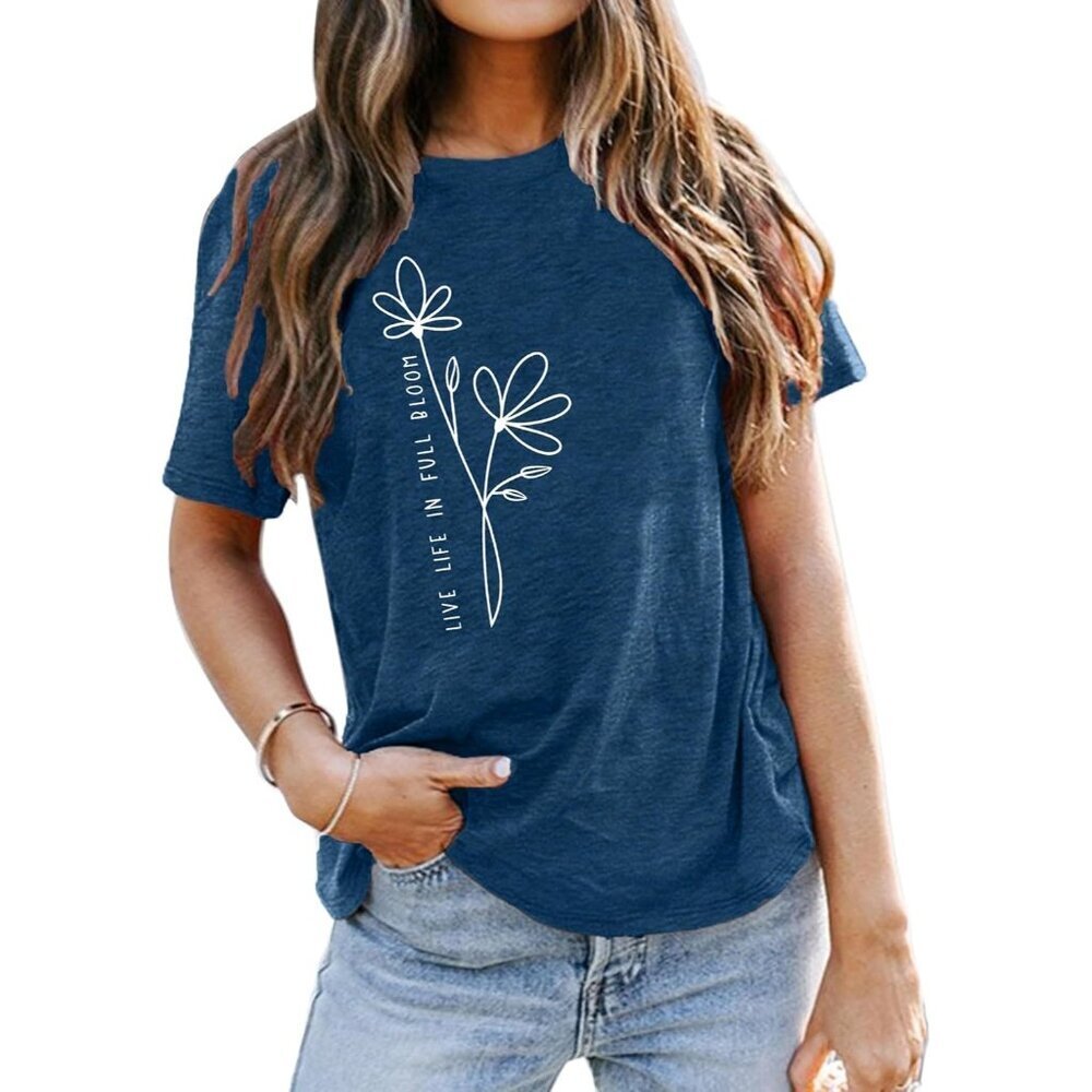 Women Blue Cotton Blend Floral Shirt Summer Flower Inspirational Tee